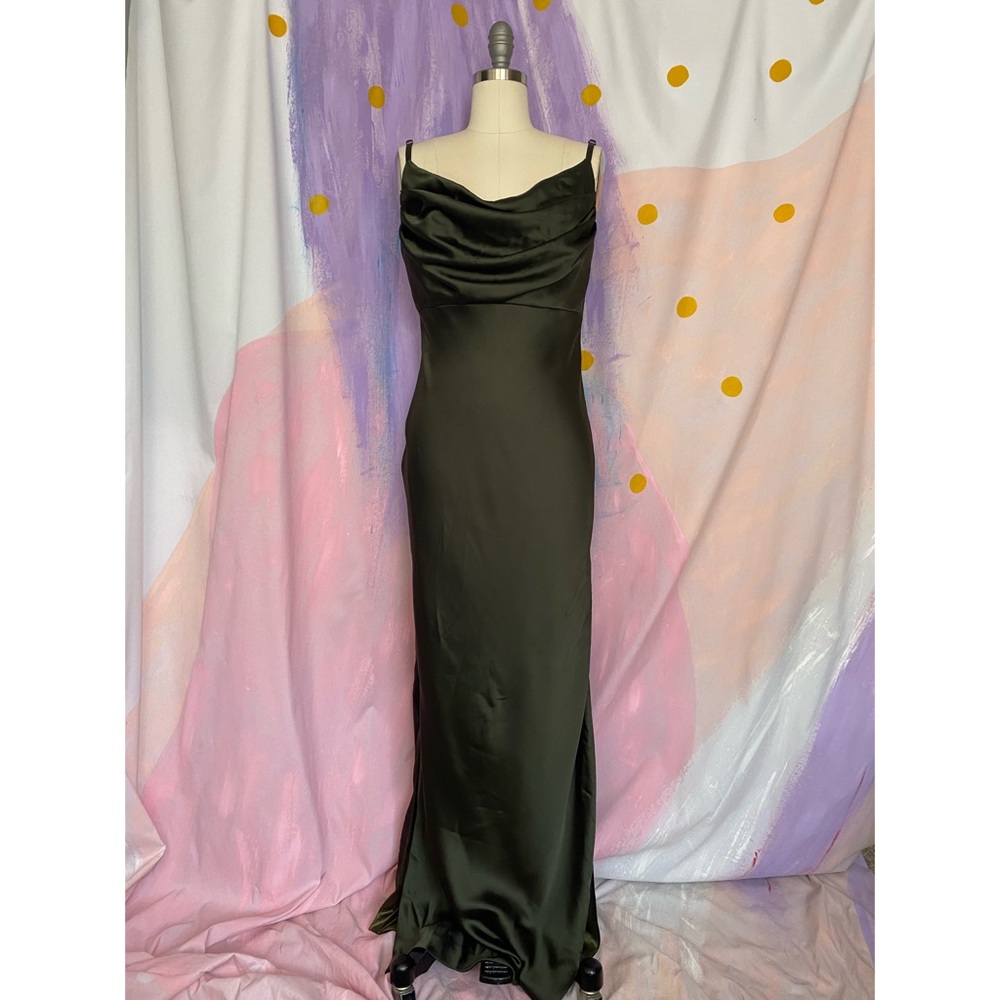 REVELRY Skye Maxi Satin Deep Olive Cowl Neck Bridesmaid Dress sz 8